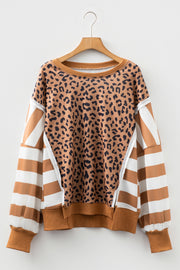 Khaki Stripe Color Block Patchwork Leopard Casual Sweatshirt with Slits