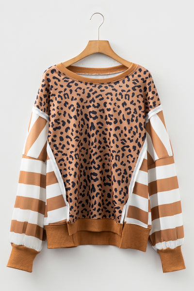 Khaki Stripe Color Block Patchwork Leopard Casual Sweatshirt with Slits