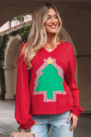 Fiery Red Plaid Frayed Double Christmas Tree Patched Drop Shoulder Sweatshirt