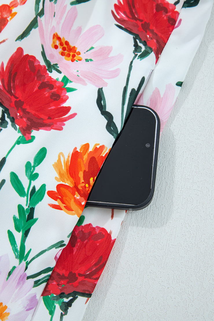 Beige Floral Print 3/4 Puff Sleeve Ricrac Trim Mini Dress