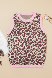 Brown Leopard Pattern Contrast Ribbed Trim Sweater Vest