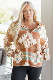 Khaki Quarter Zip Elastic Cuffs Aztec Sweatshirt