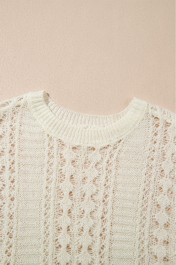 White Hollow Out Knit Bracelet Sleeve Drop Shoulder Sweater