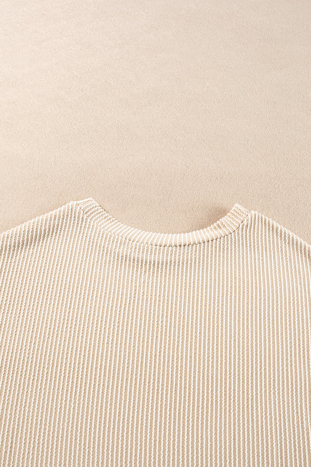 Parchment Corded Knit Long Sleeve Top and High Waist Shorts Set