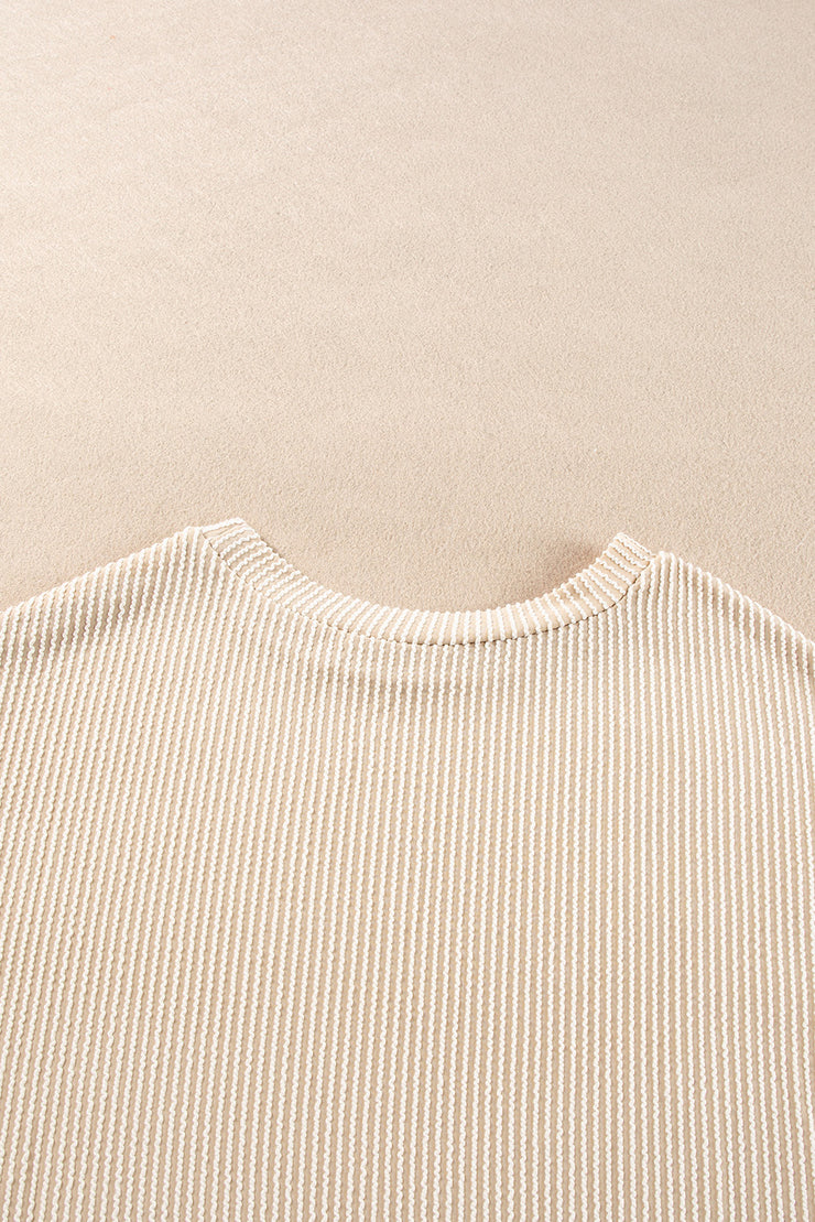 Parchment Corded Knit Long Sleeve Top and High Waist Shorts Set