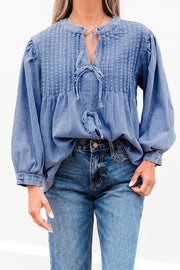Myosotis Denim Front Pintuck Bow Tie Puff Sleeve Top