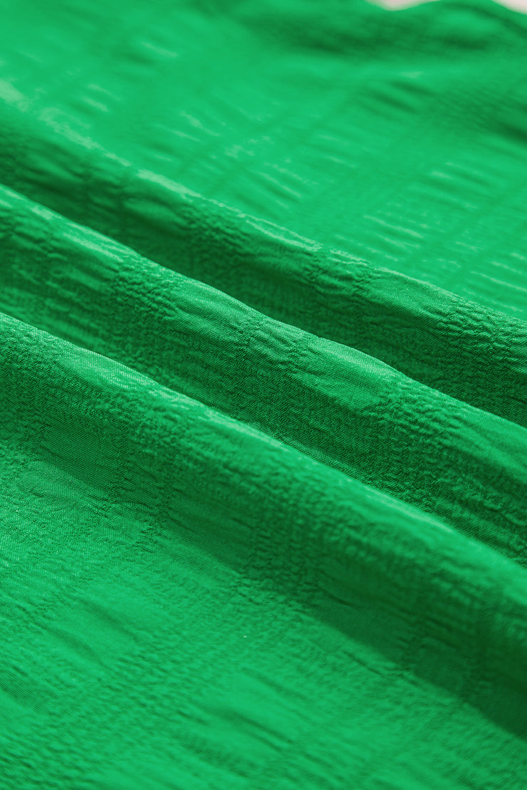 Dark Green Textured Ruffled Sleeve Round Neck Top