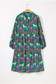 Green Horse Printed Long Sleeve Collared Buttoned Plus Size Midi Dress