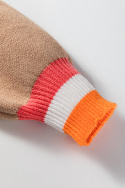 Smoke Gray Big Flower Pattern Contrast Striped Baggy Sweater