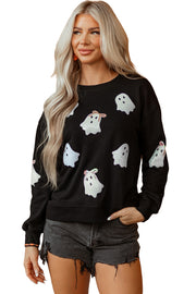 Black Sequin Cute Bow Ghost Graphic Crew Neck Halloween Sweatshirt