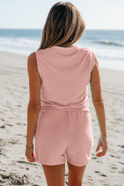 Gossamer Pink Ribbed Button V Neck Tank Top and Shorts Set