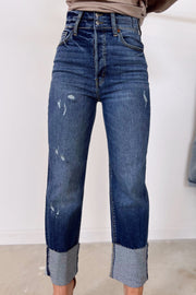Blue-2 High Waist Distressed Straight Leg Jeans
