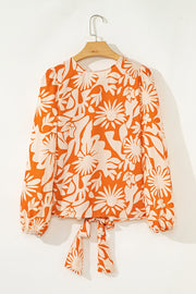 Orange Floral Print Knotted Open Back Long Sleeve Blouse