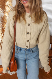 Beige Button Front Cropped Cardigan Sweater