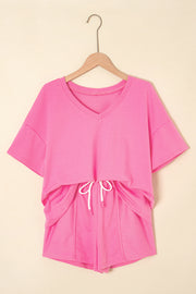 Bonbon V Neck Drop Shoulder Tee and Patchwork Drawstring Elastic Waistband Shorts Set