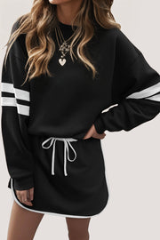 Black Varsity Stripe Detail Drop Shoulder Pullover Mini Skirt Set