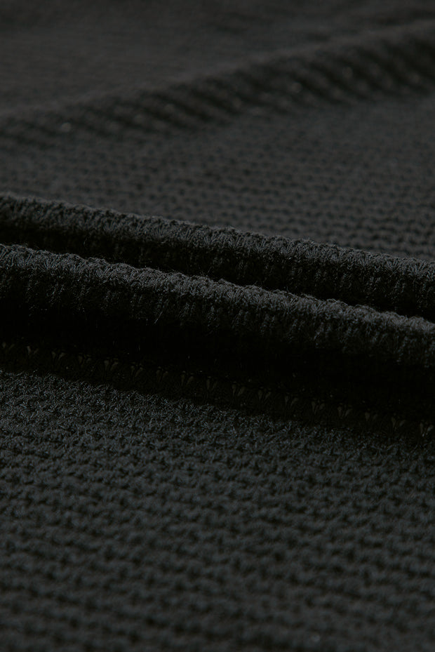 Black Leopard Contrast Waffle Knit Open Front Cardigan