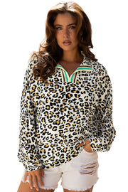 Khaki Leopard Print Contrast Striped V Neck Blouse