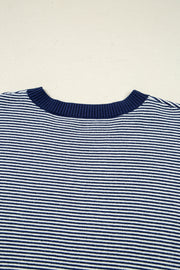 Blue Stripe Color Block Patchwork Dolman Oversize Tunic Sweater