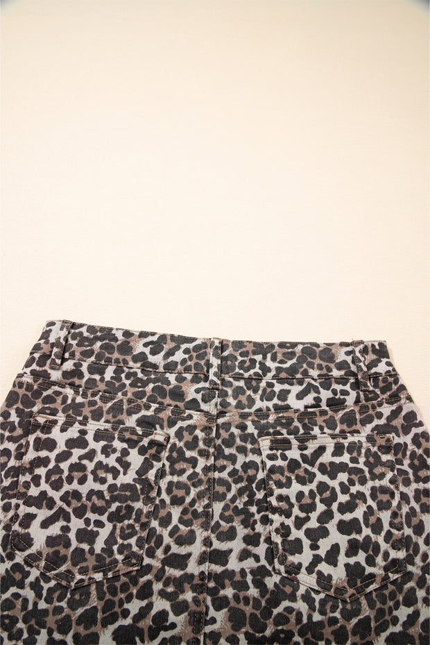 Khaki Leopard Denim Mini Skirt