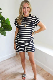 Black White Striped Short Sleeve Top and Shorts Set