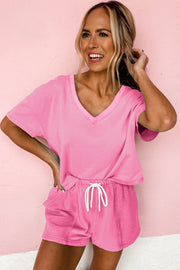 Bonbon V Neck Drop Shoulder Tee and Patchwork Drawstring Elastic Waistband Shorts Set