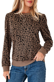 Brown Ribbed Trim Leopard Print Long Sleeve Top