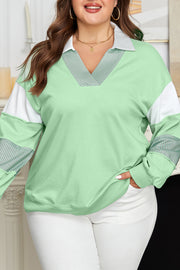 Moonlight Jade Color Block Striped Patchwork Collar V Neck Plus Size Sweatshirt