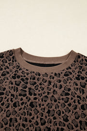 Brown Ribbed Trim Leopard Print Long Sleeve Top