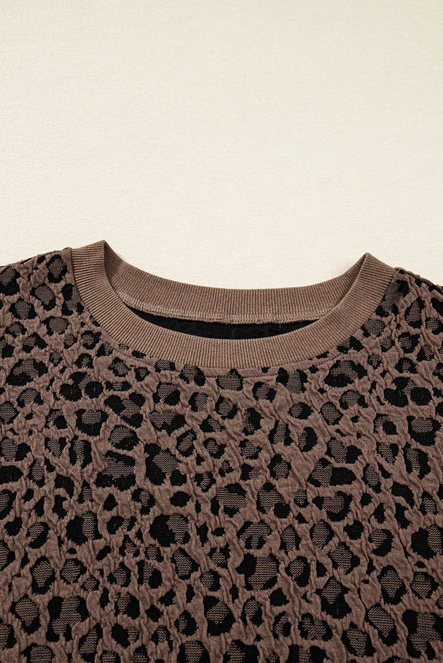 Brown Ribbed Trim Leopard Print Long Sleeve Top