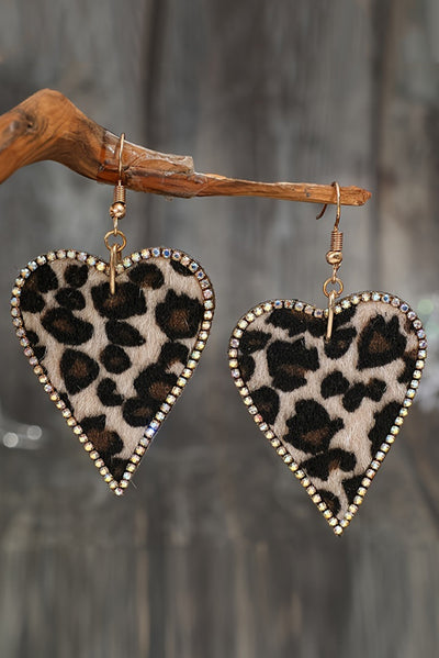Pendientes con forma de corazón y estampado de leopardo con bordes de diamantes de imitación multicolor