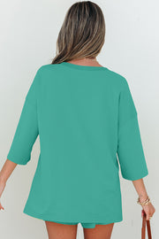 Sea Green Solid Loose V Neck Half Sleeve Tee and Shorts