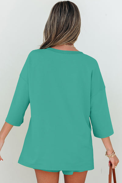 Sea Green Solid Loose V Neck Half Sleeve Tee and Shorts
