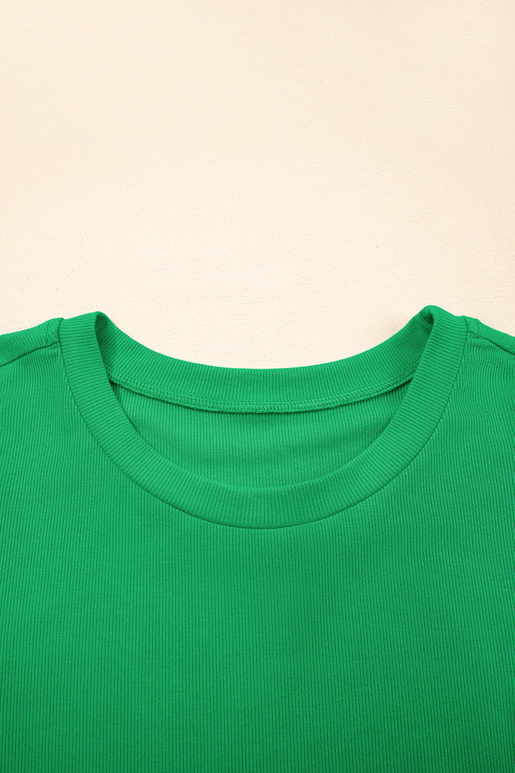 Bright Green Ribbed Pearl Beaded Puff Sleeve Top