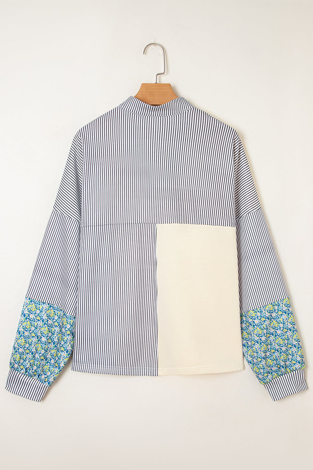 Beige Floral Striped Drop Sleeve Collared Boxy Fit Sweatshirt