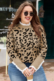Brown Leopard Knitted Lacy Trim Cuffed Plus Size Sweater
