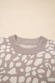 Gray Leopard Spots Pattern Ribbed Trim Drop Shoulder Sweater