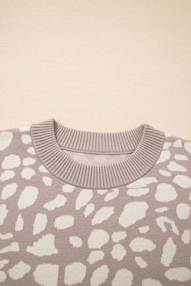 Gray Leopard Spots Pattern Ribbed Trim Drop Shoulder Sweater