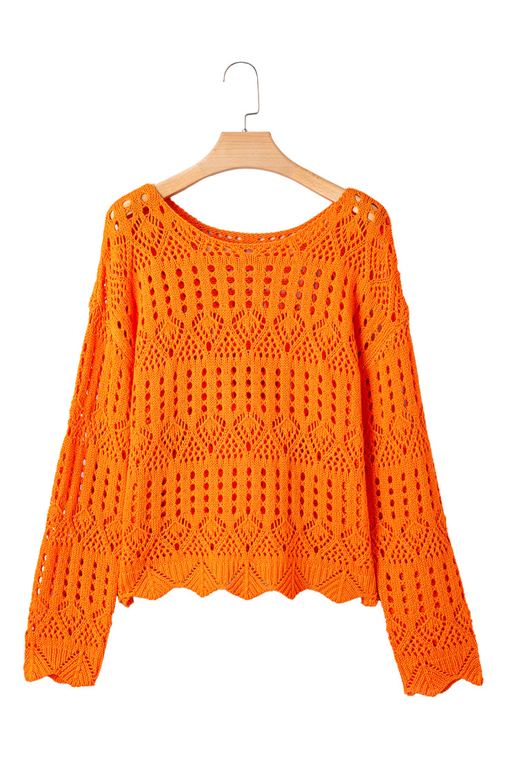 Carrot Solid Color Open Crochet Scallop Edge Sweater