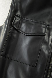 Black Double Flap Pocket Faux Leather Zip Up Stand Neck Vest