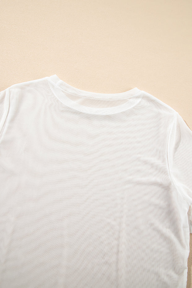White Solid Color Sheer Mesh Patchwork Short Sleeve Top