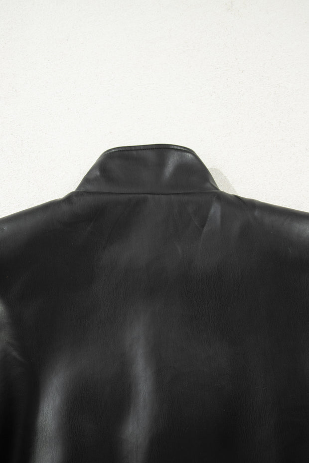 Black Double Flap Pocket Faux Leather Zip Up Stand Neck Vest
