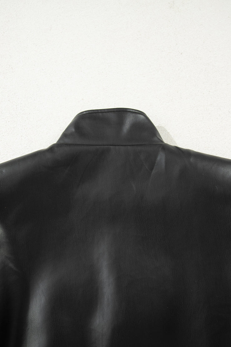 Black Double Flap Pocket Faux Leather Zip Up Stand Neck Vest