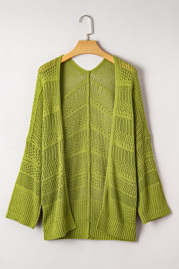 Spinach Green Oversize Crochet Knit Open Cardigan
