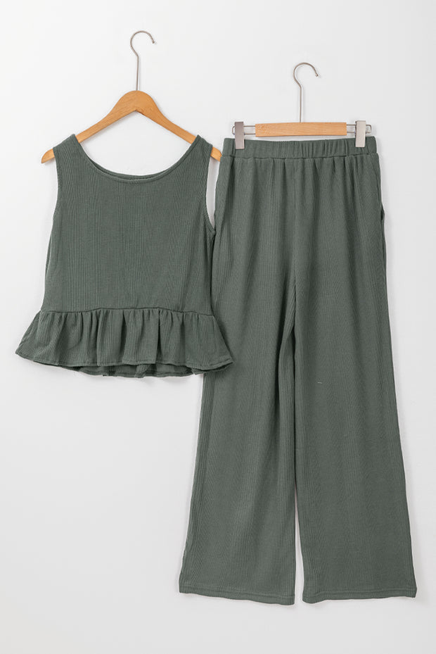 Duffel Green Solid Color Ribbed Ruffle Tank Top and Pants Set