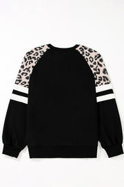 Black Leopard Print Colorblock Raglan Sleeve Sweatshirt