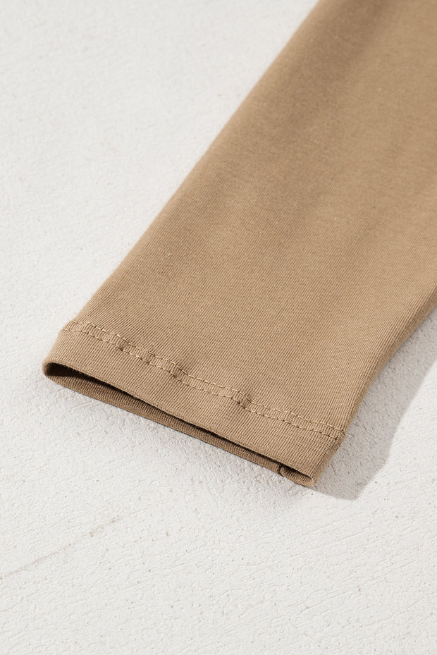 Pale Khaki Long Sleeve Buttons V Neck Slim Fit Top