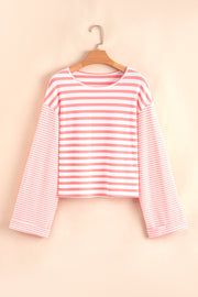 Pink Stripe Textured Contrast Dropped Long Sleeve Top