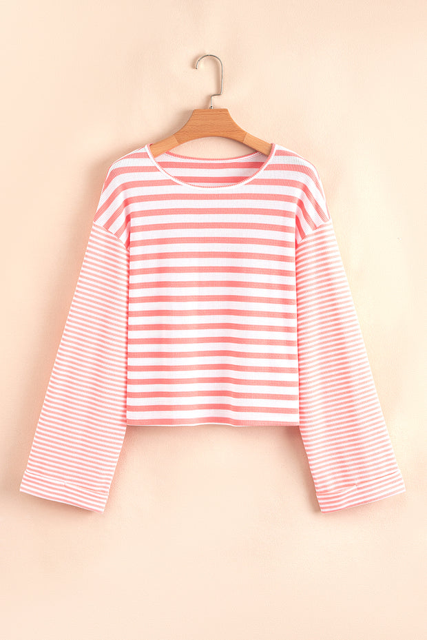 Pink Stripe Textured Contrast Dropped Long Sleeve Top