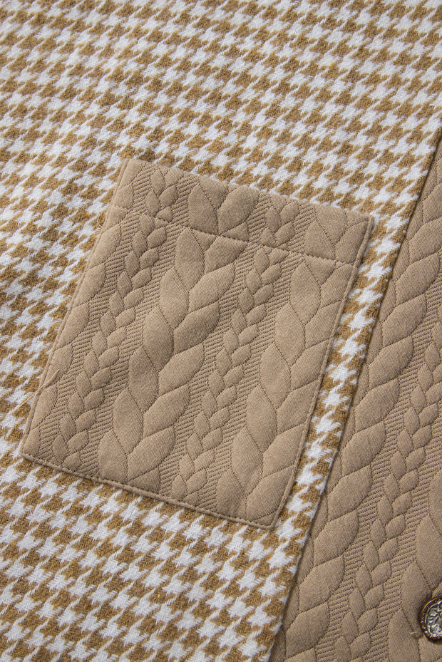 Khaki Houndstooth Color Contrast Textured Patchwork Loose Shacket